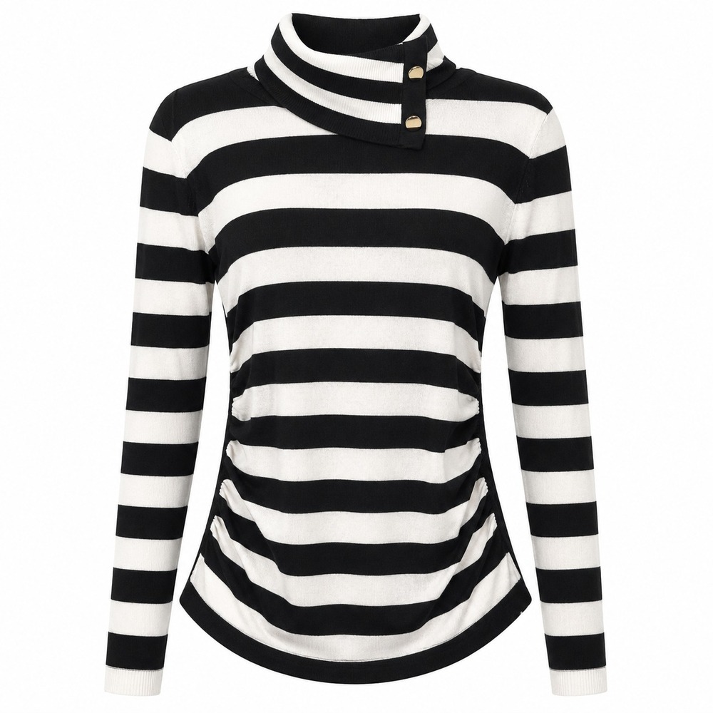 Cache Quiet Luxury Striped Turtleneck Top Women Large French Girl Parisian Chic